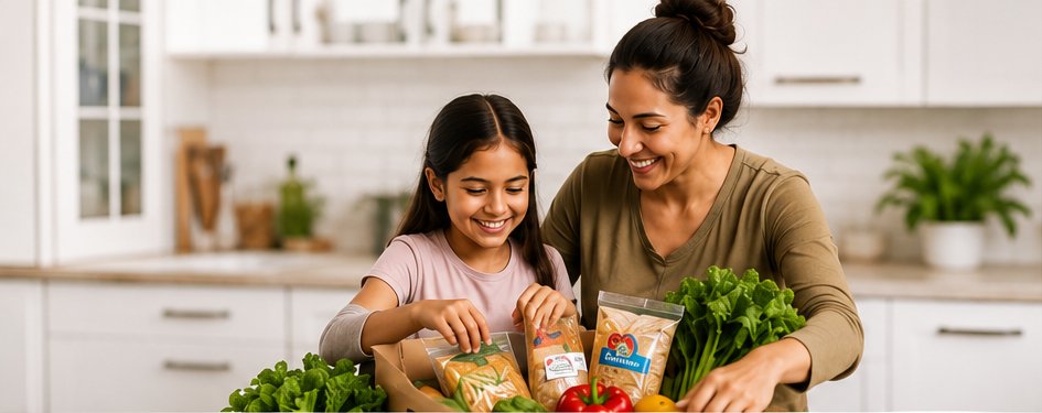 Mother and daughter unpacking healthy groceries together in their kitchen