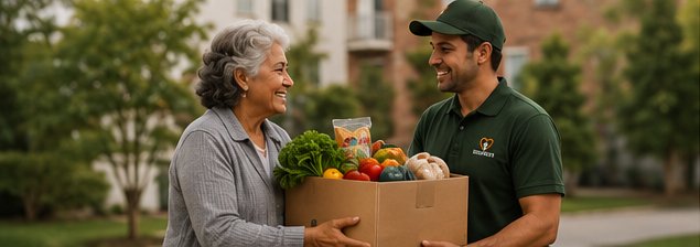 Volunteer delivering a box of fresh groceries to a smiling woman at her home