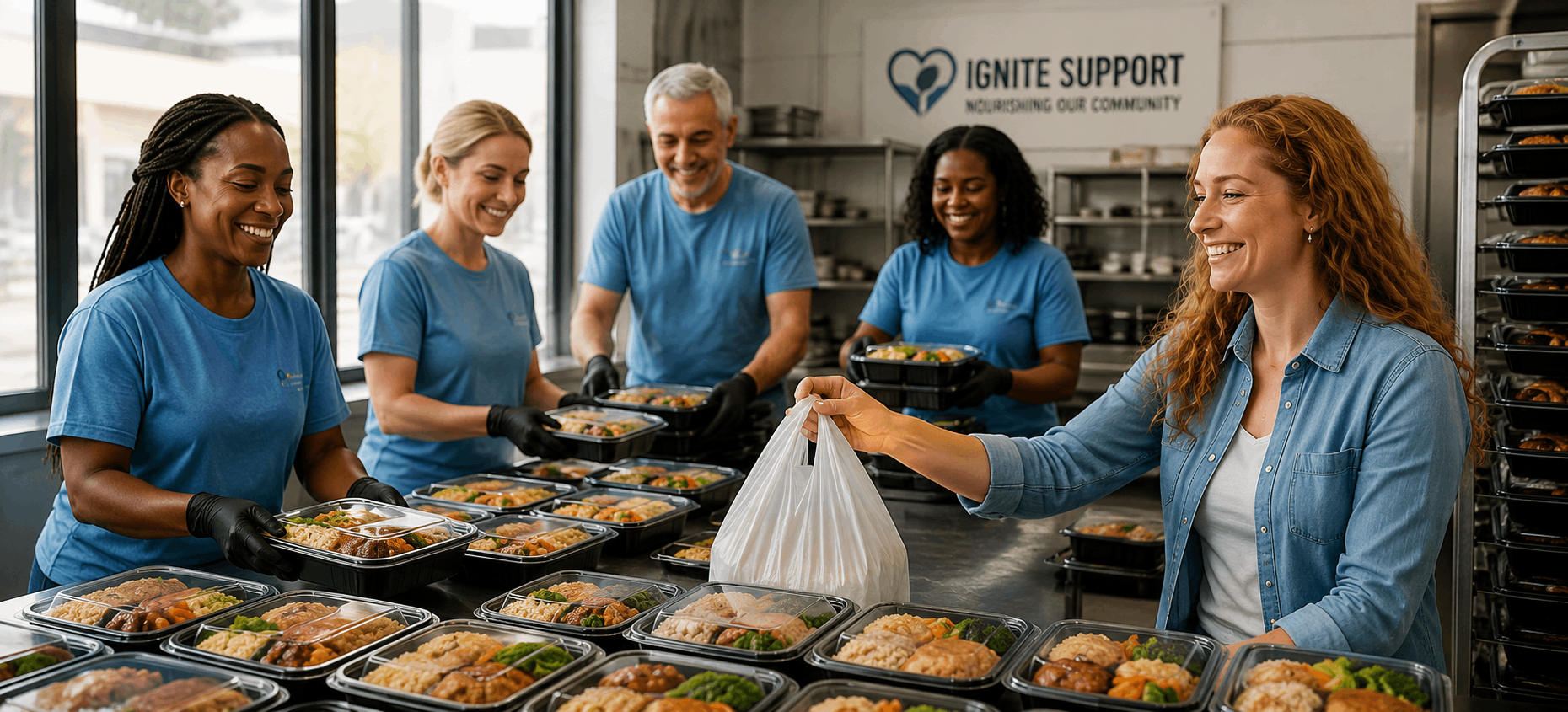 Volunteers helping pack and hand out fresh groceries