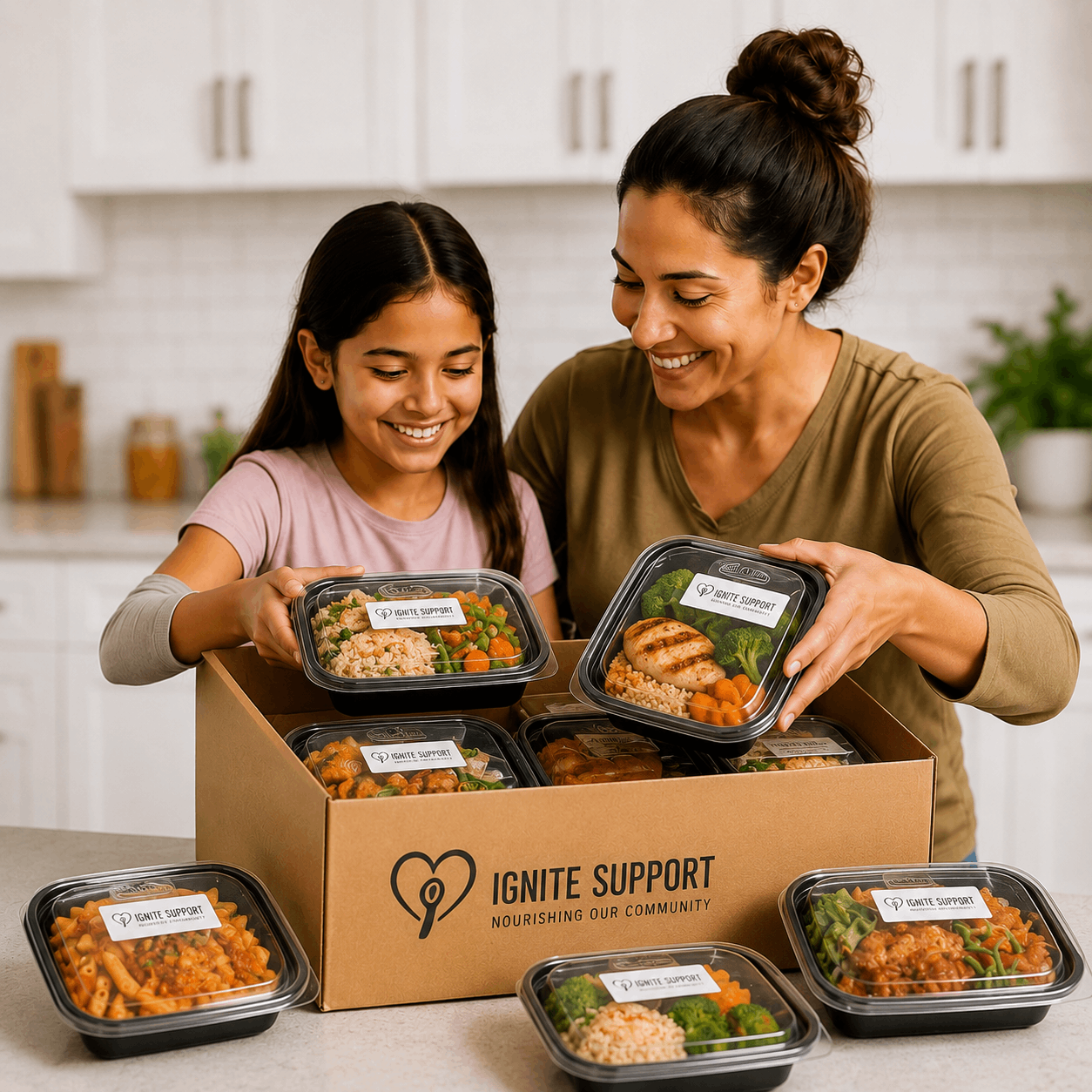 Mother and daughter unpacking healthy groceries together in their kitchen