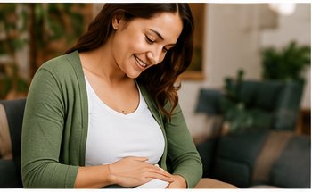 Pregnant woman smiling at home