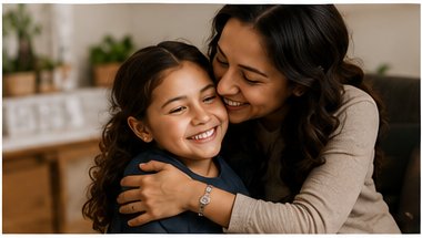 Mother hugging her daughter at home